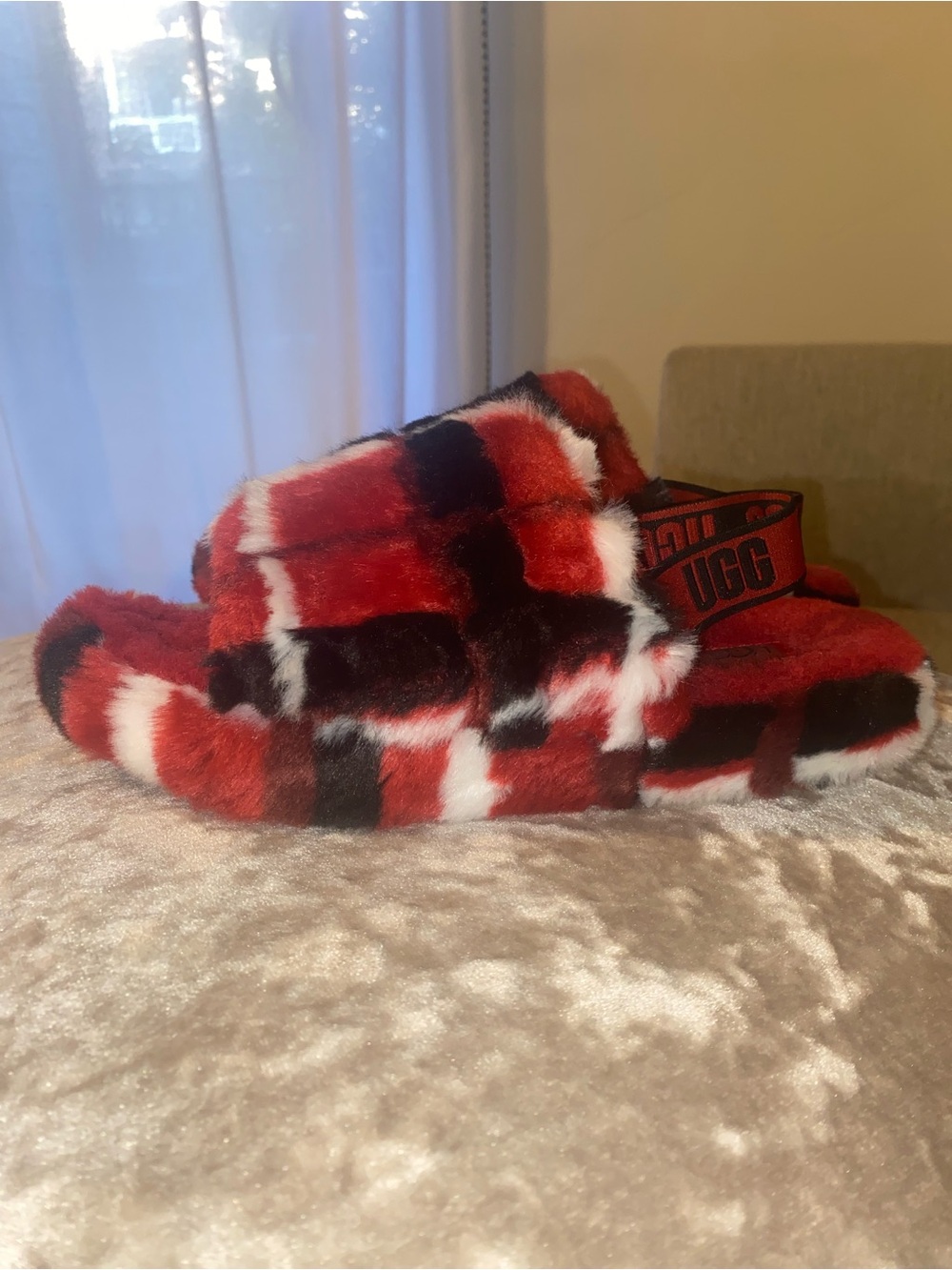 UGG Red Black White Plaid Fuzzy Slide Slippers